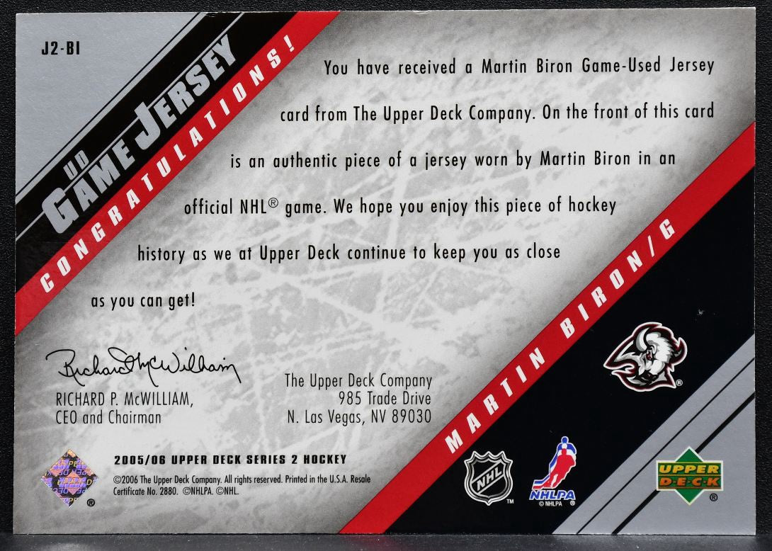2005-06 Upper Deck Series 2 UD Game Jersey Martin Biron J2-BI Sabres Jersey 3278