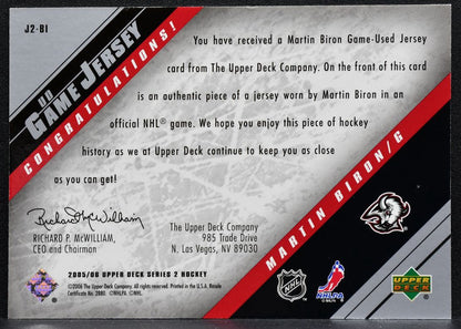 2005-06 Upper Deck Series 2 UD Game Jersey Martin Biron J2-BI Sabres Jersey 3278