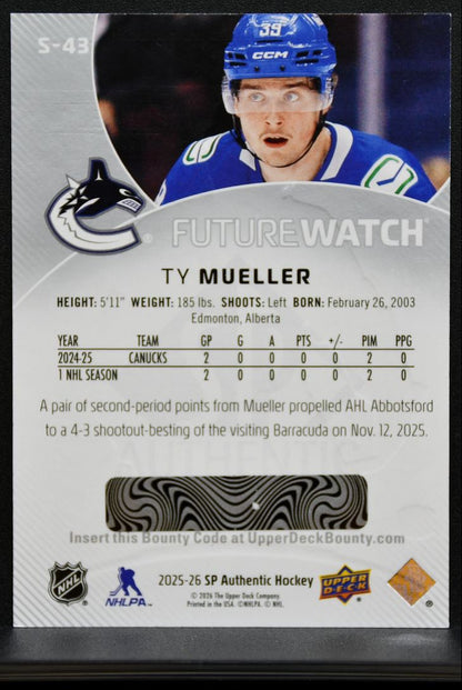 2025-26 SP Authentic Future Watch Spectrum FX Level 1 Ty Mueller Canucks RC 8242