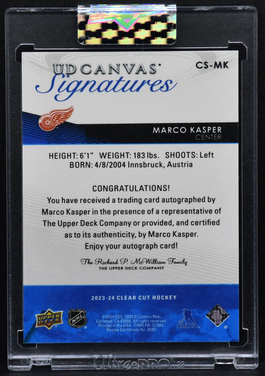 2023-24 UD Clear Cut Canvas Signatures Marco Kasper CS-MK Detroit Red Wings Auto