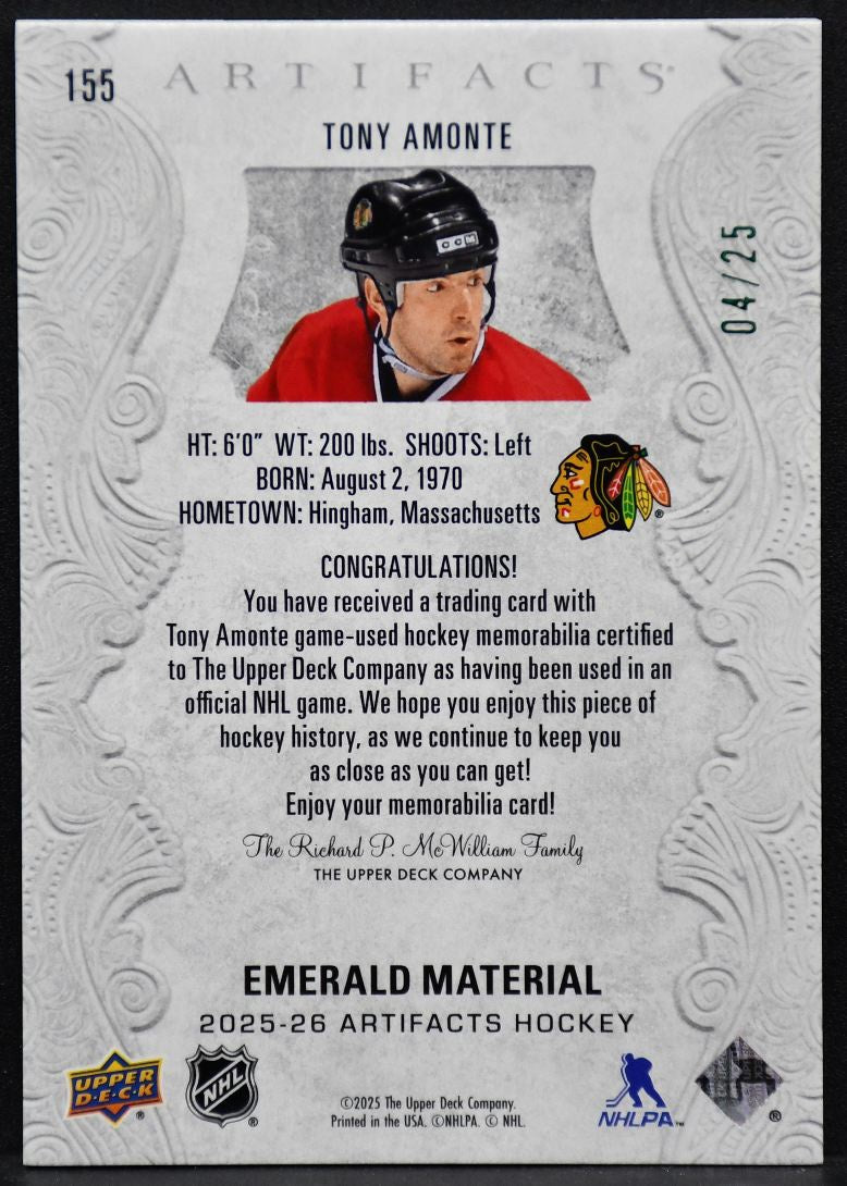 2025-26 Upper Deck Artifacts Emerald Material Tony Amonte 155 04/25 Jersey