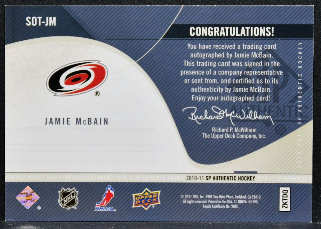 2010-11 SP Authentic Sign of the Times Jamie McBain SOT-JM Hurricanes Auto 9110