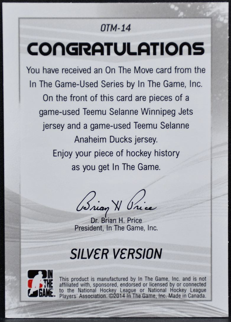 2014-15 In The Game-Used On The Move Jersey Teemu Selanne Jets/Ducks Jersey 0177