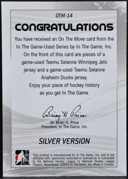 2014-15 In The Game-Used On The Move Jersey Teemu Selanne Jets/Ducks Jersey 0177