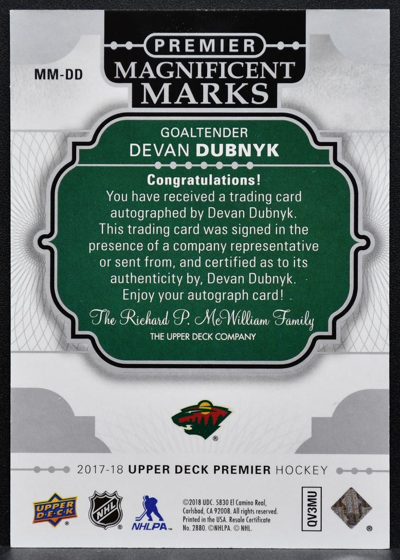 2017-18 Upper Deck Premier Magnificent Marks Devan Dubnyk MM-DD Wild Auto 1939