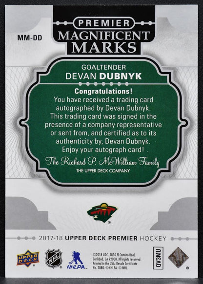 2017-18 Upper Deck Premier Magnificent Marks Devan Dubnyk MM-DD Wild Auto 1939