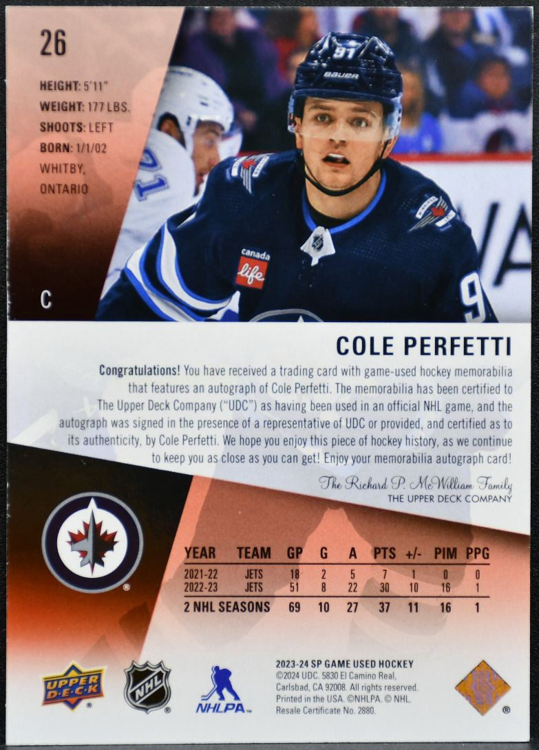 2023-24 SP Game Used Red Auto Jersey Cole Perfetti Jets Auto 51/99 Jersey 4335