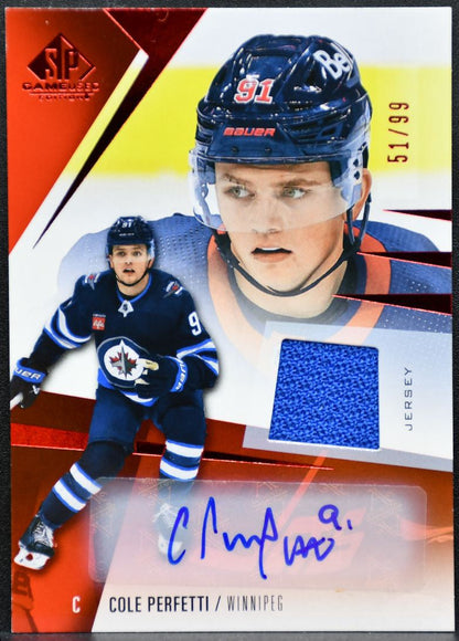 2023-24 SP Game Used Red Auto Jersey Cole Perfetti Jets Auto 51/99 Jersey 4335