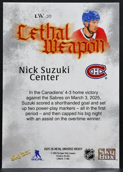 2025-26 SkyBox Metal Universe Lethal Weapon Nick Suzuki LW-20 Canadiens 9775