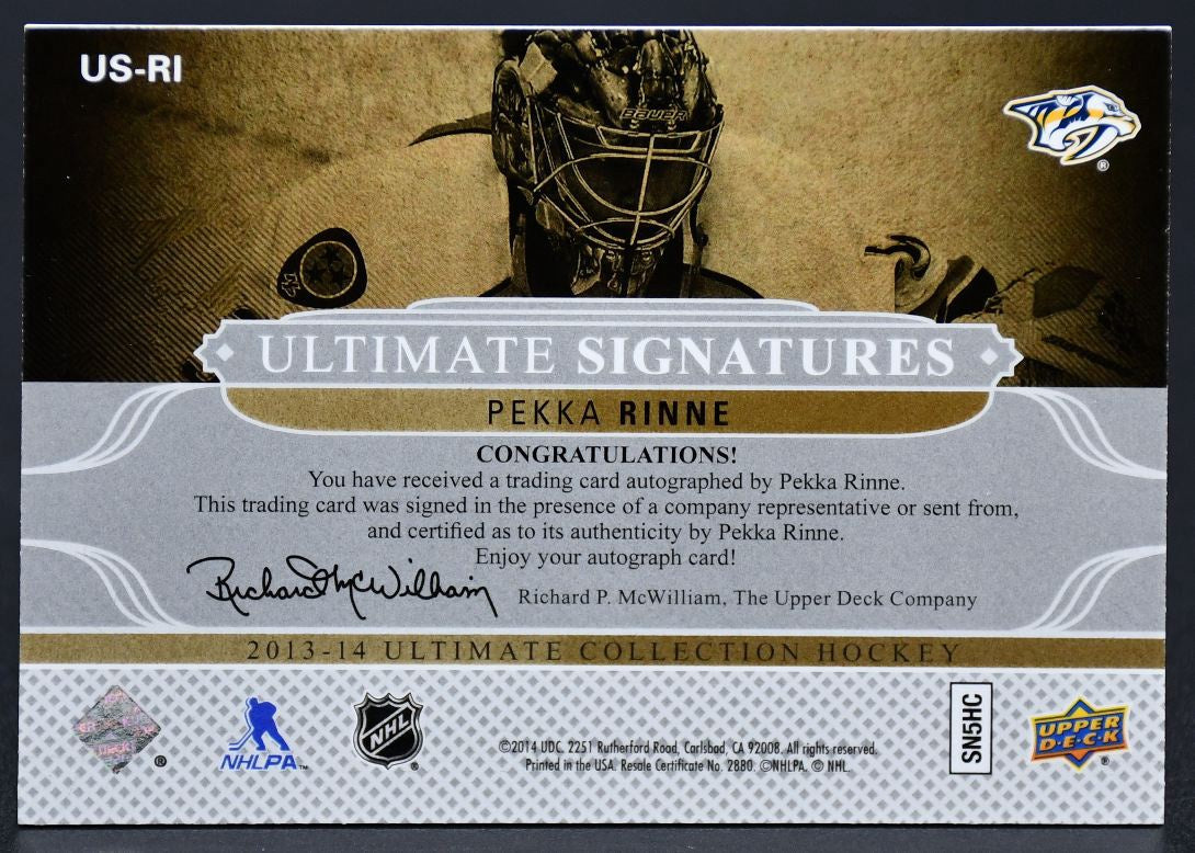 2013-14 UD Ultimate Collection Ultimate Signatures Pekka Rinne US-RI Auto