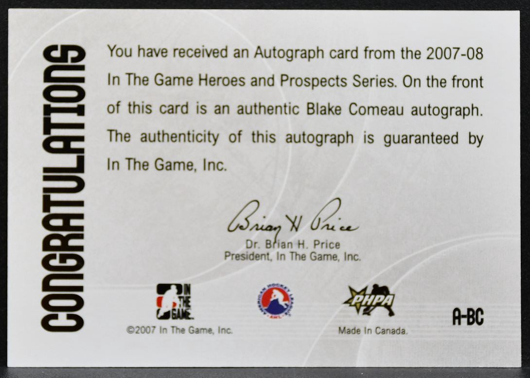 2007-08 In The Game Heroes and Prospects Autographs Blake Comeau A-BC Auto 2618