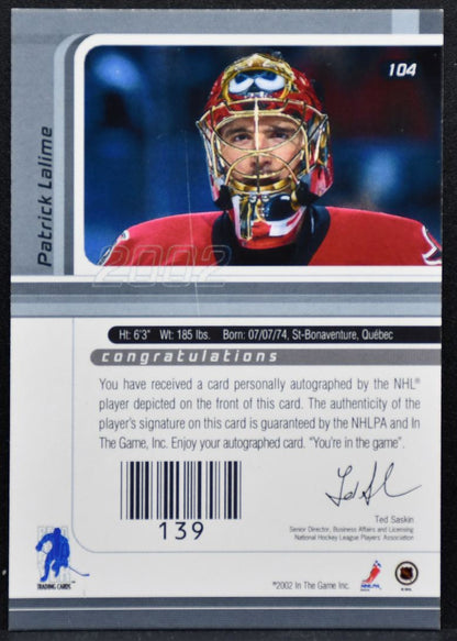 2001-02 In The Game Signature Series Auto Gold Patrick Lalime Senators Auto 4118