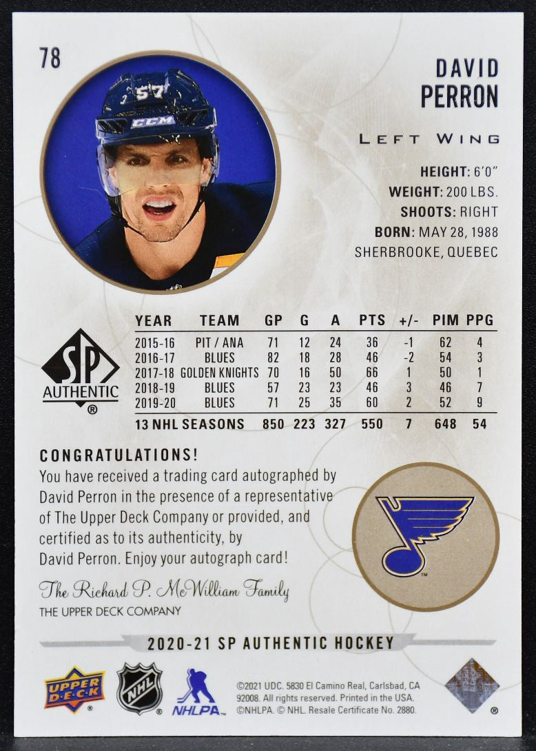 2020-21 SP Authentic Limited Autographs David Perron 78 Blues Auto 6467