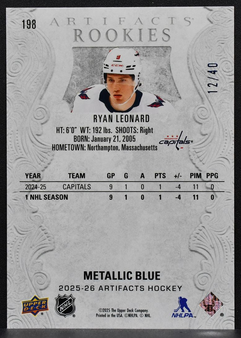 2025-26 Upper Deck Artifacts Rookies Metallic Blue Ryan Leonard RC 12/40 6490