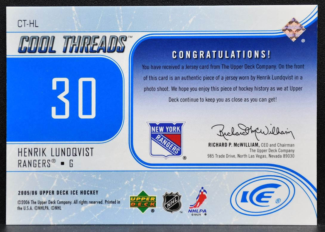 2005-06 Upper Deck Ice Cool Threads Henrik Lundqvist CT-HL Rangers Jersey 9947