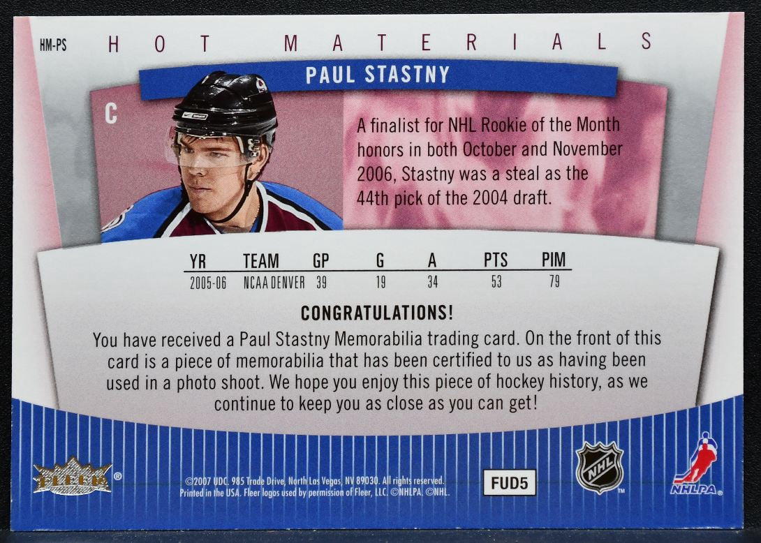 2006-07 Fleer Hot Prospects Materials Paul Stastny Avalanche RC Jersey 5116