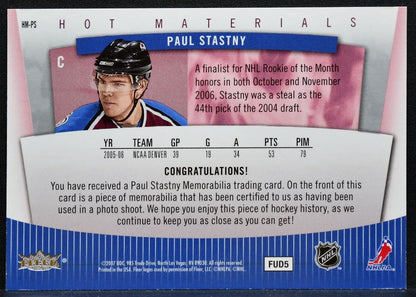 2006-07 Fleer Hot Prospects Materials Paul Stastny Avalanche RC Jersey 5116