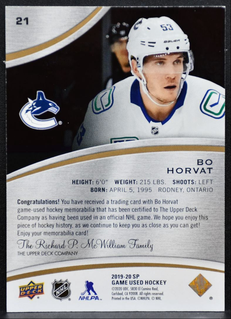 2019-20 SP Game Used Jersey Bo Horvat 21 Vancouver Canucks Jersey 6149