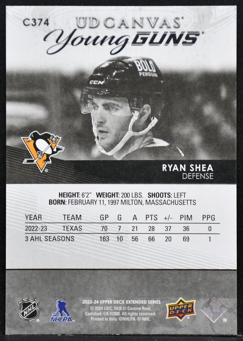 23-24 UD Extended Series UD Canvas Young Guns Ryan Shea C374 Penguins RC 3315
