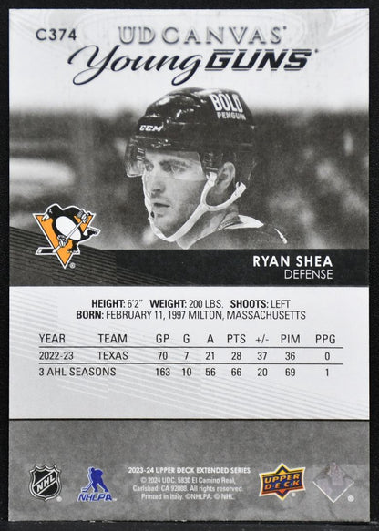 23-24 UD Extended Series UD Canvas Young Guns Ryan Shea C374 Penguins RC 3315