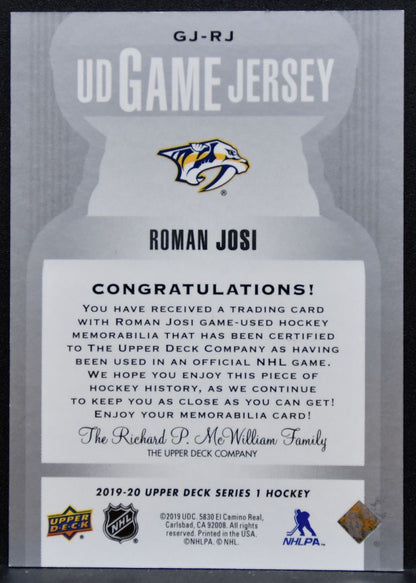 2019-20 Upper Deck Series 1 UD Game Jerseys Roman Josi Predators Jersey 8772