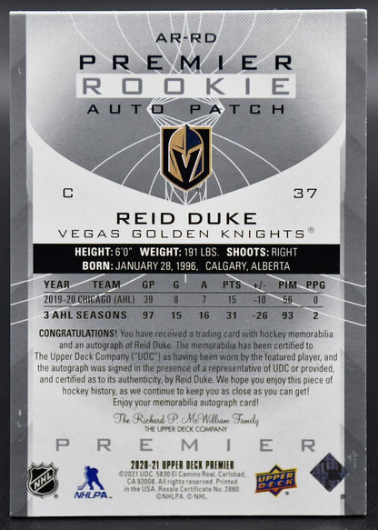 2020-21 UD Premier Duke AR-RD Vegas Golden Knights RC Auto 135/249 Patch
