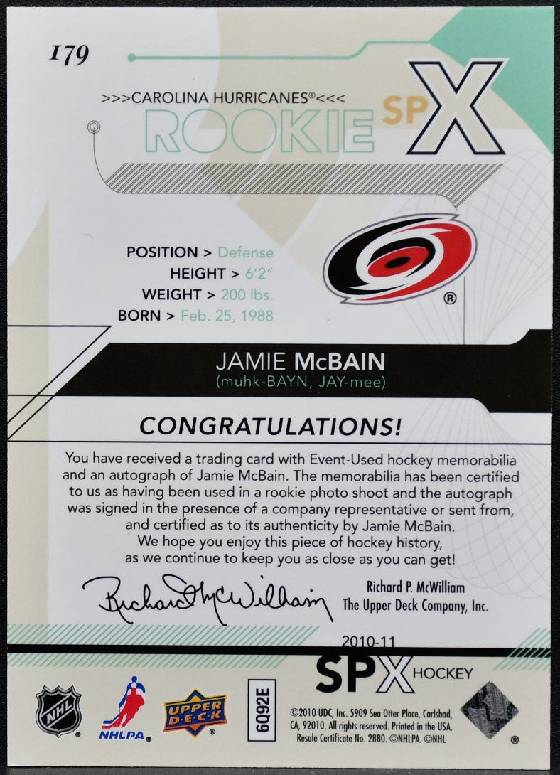2010-11 SPx Rookie Jersey Auto Jamie McBain 179 RC Auto /799 Jersey 2622