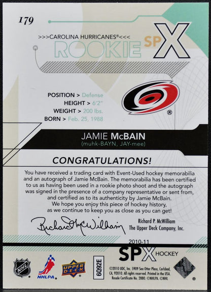 2010-11 SPx Rookie Jersey Auto Jamie McBain 179 RC Auto /799 Jersey 2622