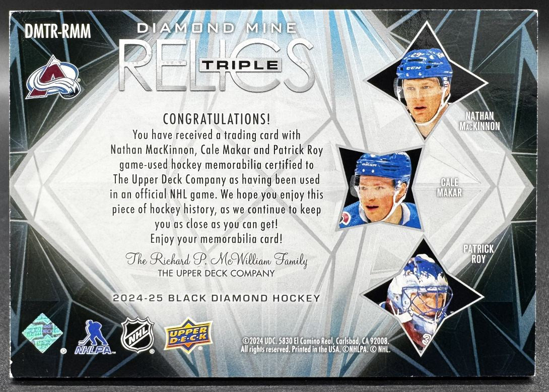 2024-25 UD Black Diamond Mine Triple Relics MacKinnon / Makar / Roy  Jersey