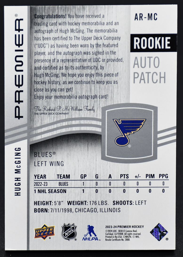 2023-24 UD Premier Hugh McGing AR-MC St. Louis Blues RC Auto 013/249 Patch