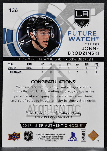 2017-18 SP Authentic Future Watch Auto Jonny Brodzinski RC Auto 622/999 9893