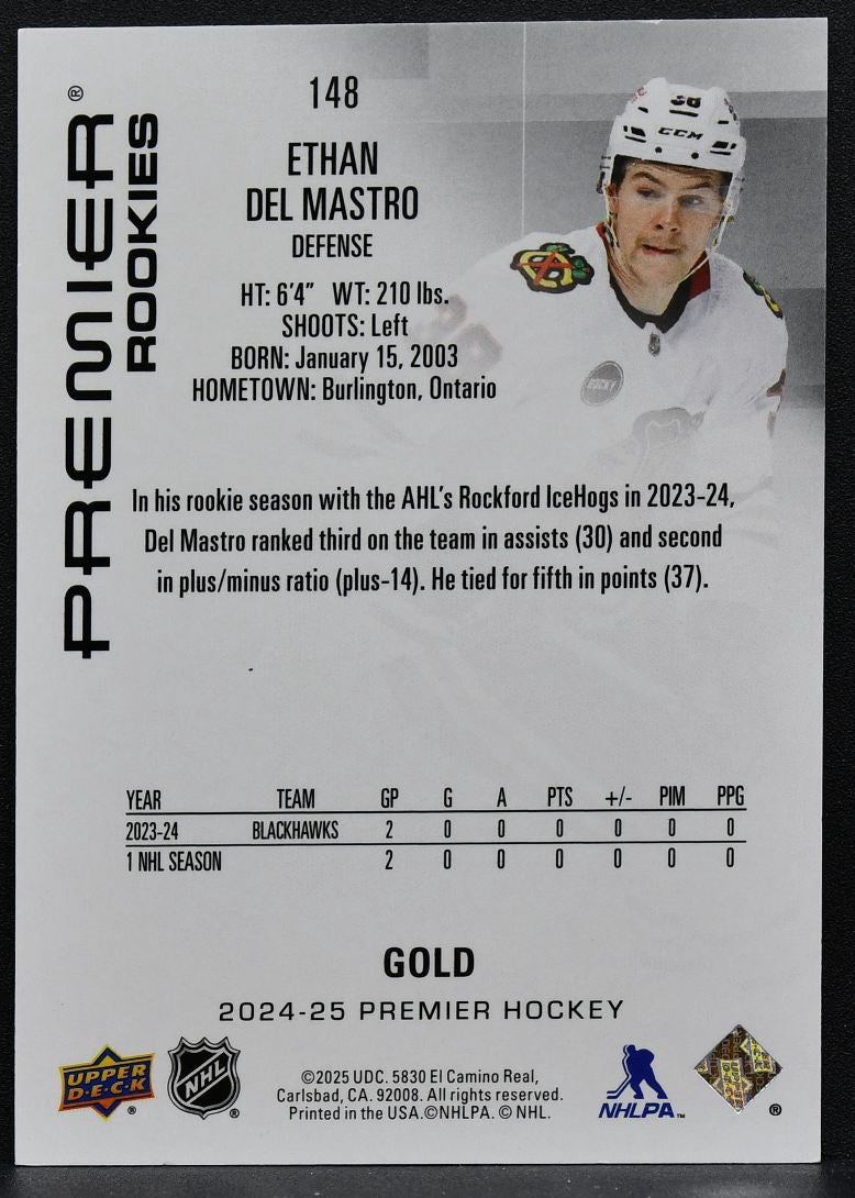 2024-25 UD Premier RC Gold Ethan Del Mastro 148 Chicago Blackhawks RC 173/199 9196