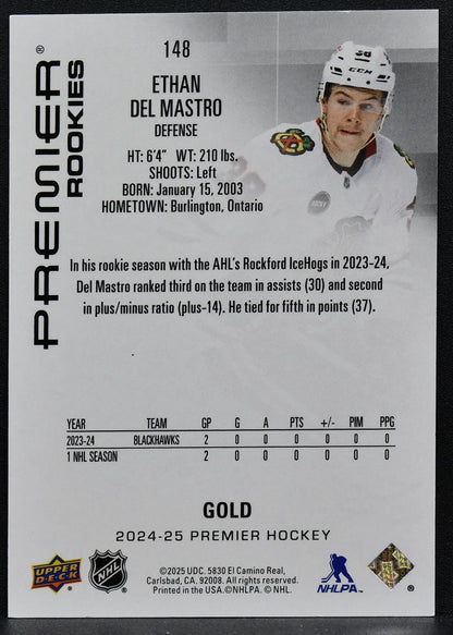 2024-25 UD Premier RC Gold Ethan Del Mastro 148 Chicago Blackhawks RC 173/199 9196
