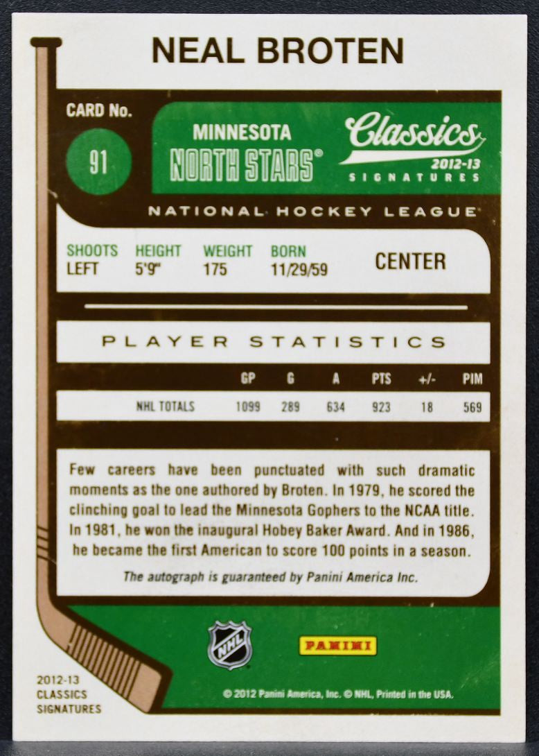 2012-13 Panini Classics Signatures Broten 91 Minnesota North Stars Auto 0935