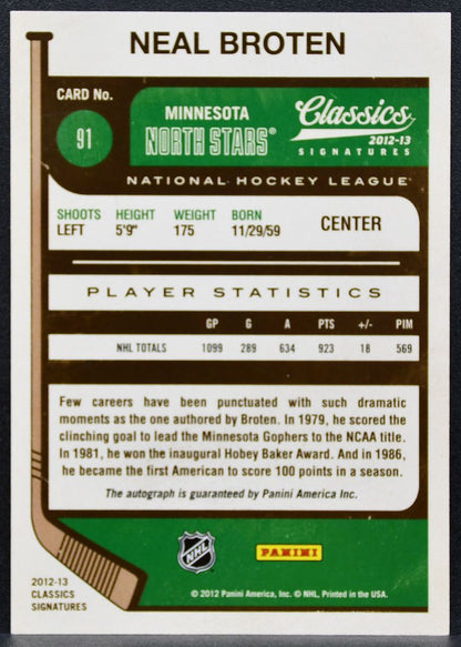 2012-13 Panini Classics Signatures Broten 91 Minnesota North Stars Auto 0935