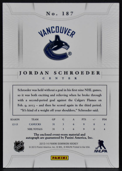 2013-14 Panini Dominion Patch Schroeder 187 Canucks Auto 115/299 Patch 2810