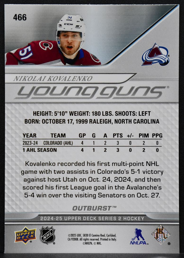 2024-25 UD Series 2 Young Guns Outburst Nikolai Kovalenko 466 Avalanche RC 7825