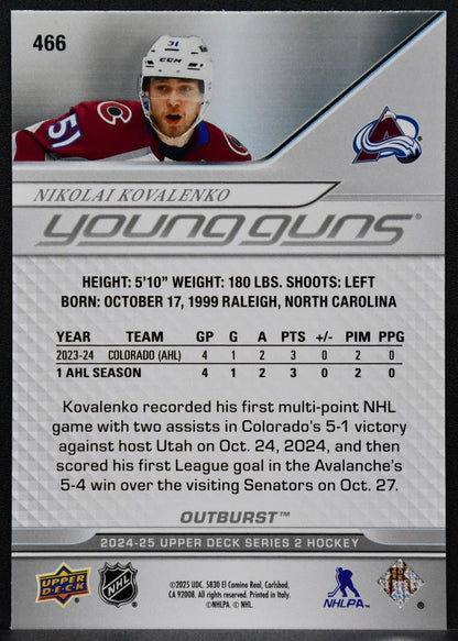 2024-25 UD Series 2 Young Guns Outburst Nikolai Kovalenko 466 Avalanche RC 7825