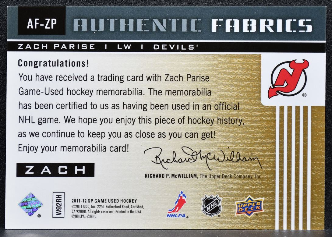 2011-12 SP Game Used Authentic Fabrics Zach Parise AF-ZP Devils Jersey 3629
