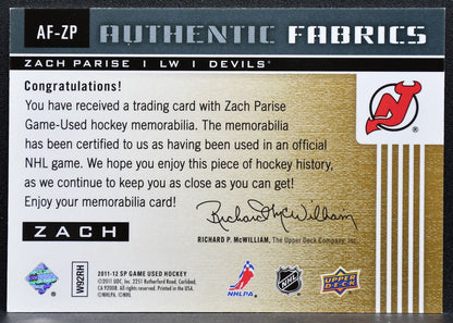2011-12 SP Game Used Authentic Fabrics Zach Parise AF-ZP Devils Jersey 3629