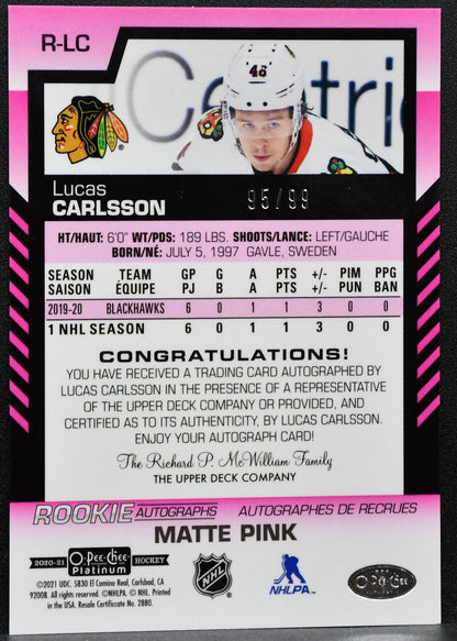 2020-21 OPC Platinum Rookie Matte Pink Lucas Carlsson Blackhawks RC Auto 7528