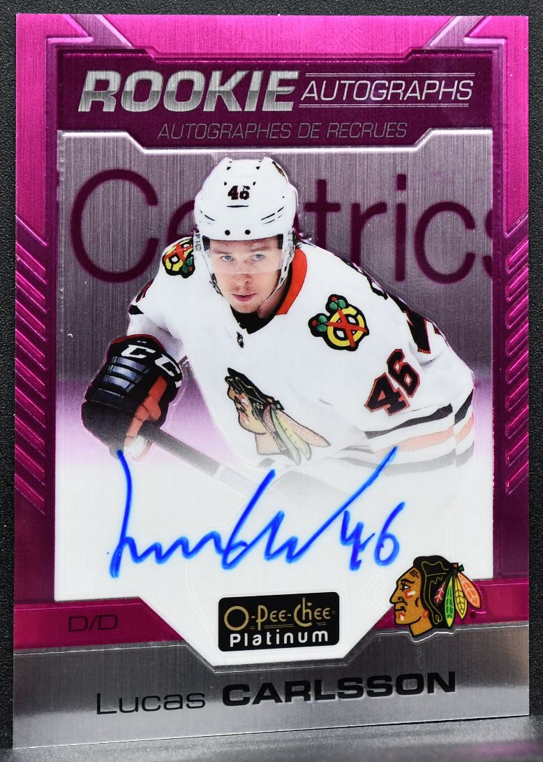 2020-21 OPC Platinum Rookie Matte Pink Lucas Carlsson Blackhawks RC Auto 7528