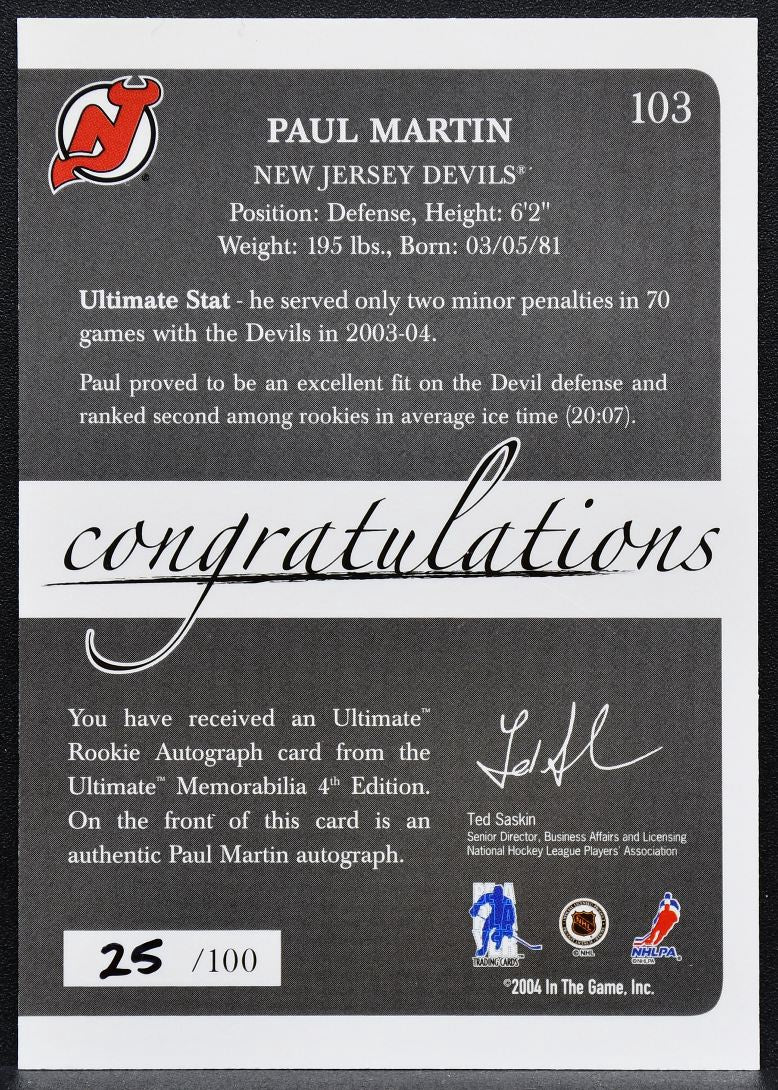 2003-04 In The Game Ultimate Memorabilia 4th Edition Martin 103 RC Auto 5362