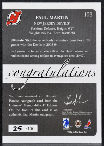 2003-04 In The Game Ultimate Memorabilia 4th Edition Martin 103 RC Auto 5362