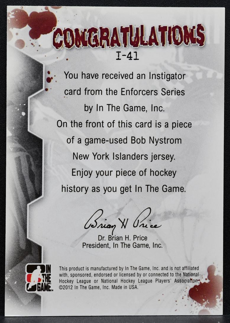 2011-12 ITG Enforcers Instigator Jerseys Bob Nystrom I-41 Islanders Jersey 0994