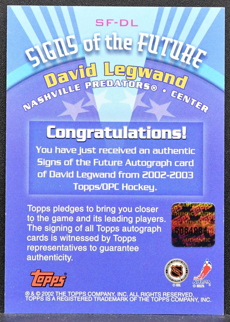 2002-03 Topps Signs of the Future David Legwand SF-DL Predators Auto 7306