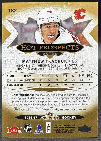 Carte recrue autographiée 2016-17 Fleer Hot Prospects Matthew Tkachuk, Flames de Calgary, numéro 174/299