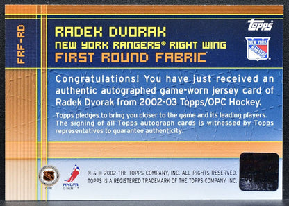 2002-03 Topps First Round Fabric Radek Dvorak Rangers Auto Jersey 5920