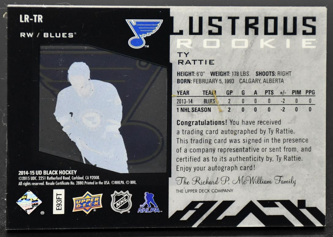 2014-15 UD Black Lustrous Rookie Ty Rattie LR-TR RC Auto 280/349