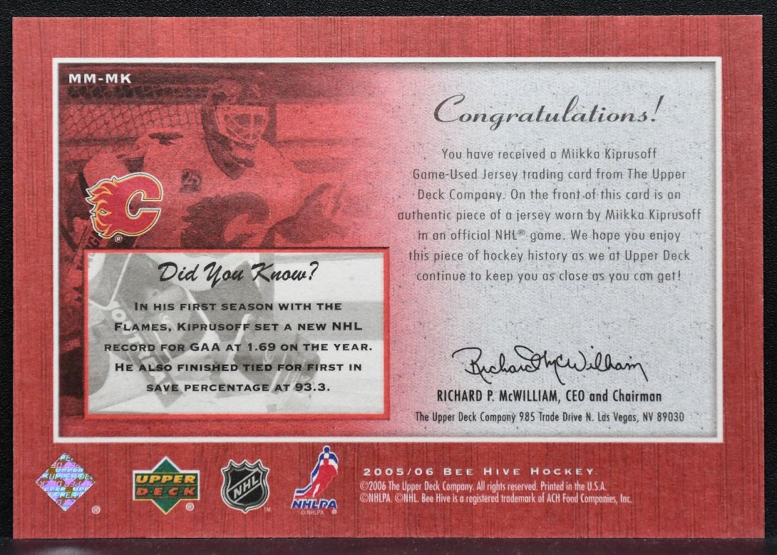 2005-06 Upper Deck Beehive Matted Materials Miikka Kiprusoff Flames Jersey 8001